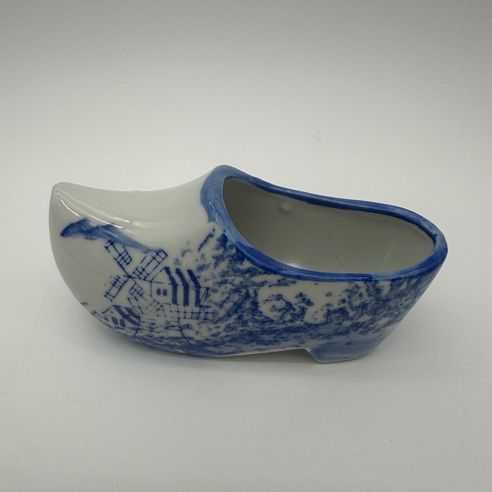 Vintage Delft Blue Ceramic Clog Figurine Dutch Windmill Hand Painted Shoe 4.5"